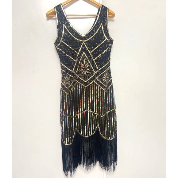 Flapper Costume Set Size Medium Gold and Black Sequins Costume Set Size Medium - Picture 2 of 10